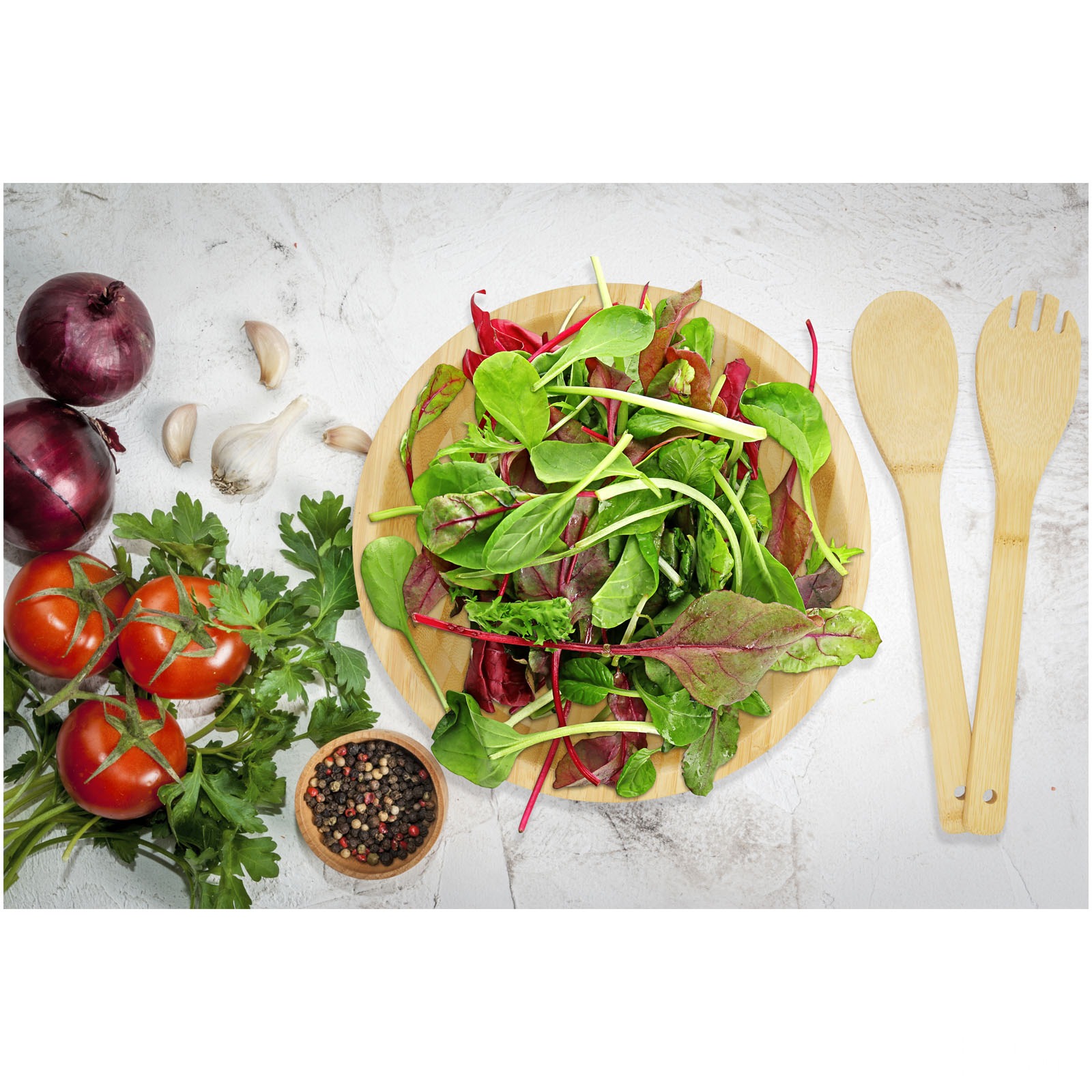 Argulls salatbolle og salatbestikk i bambus med logo