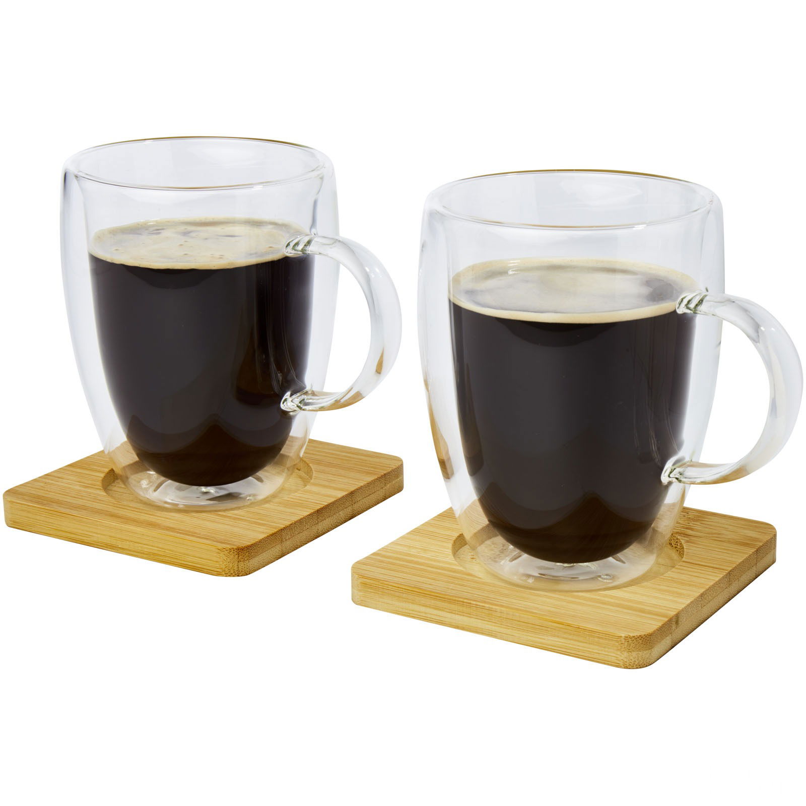 Manti Set of 2 Double-Walled Borosilicate Glass Cups with Bamboo Coasters (350 ml)