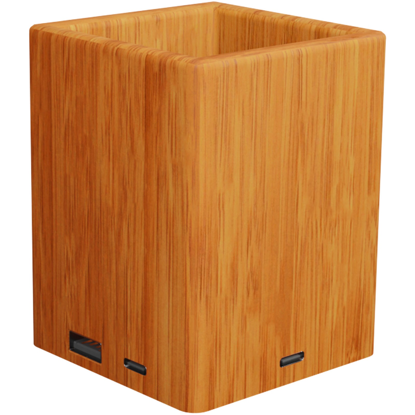 SCX.design O12 wooden pen holder with light-up logo and dual USB outputs