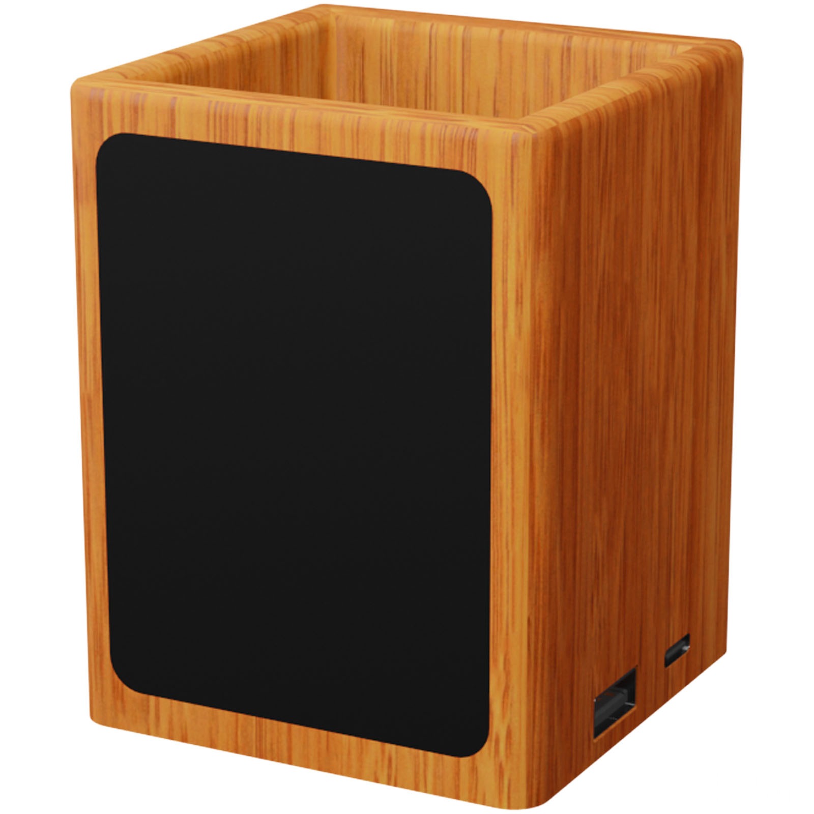 SCX.design O12 wooden pen holder with light-up logo and dual USB outputs