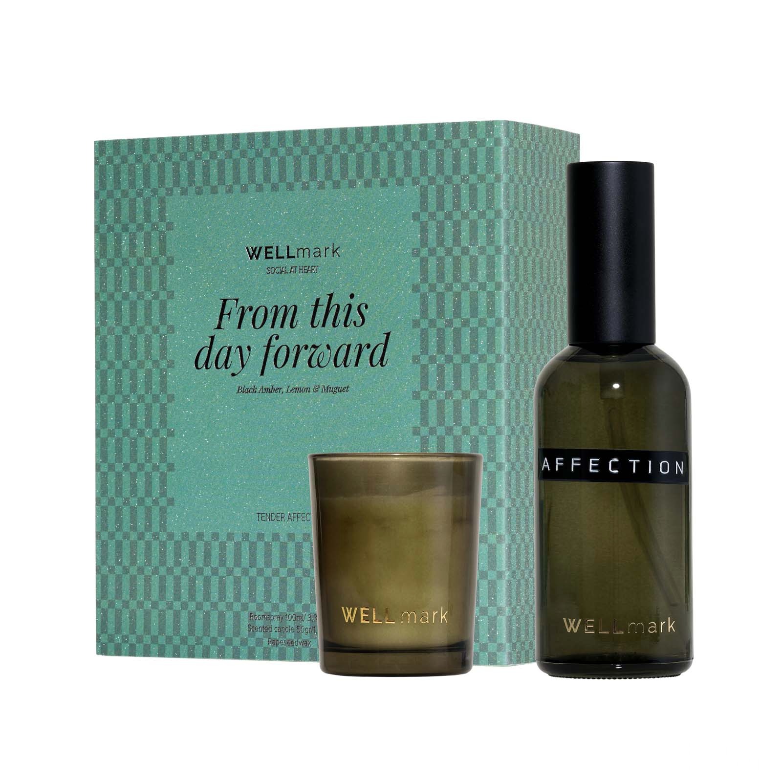 Wellmark gåvoset med 100 ml rumsdoft och 70 ml Tender Affection-ljus - Green Flash med tryck