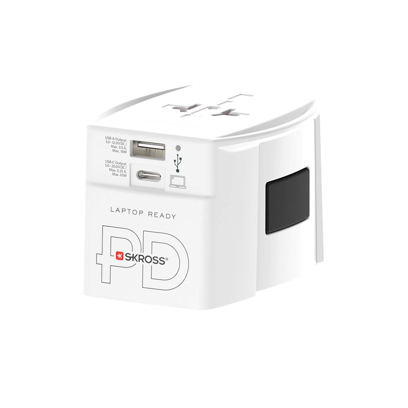 SKROSS® MUV AC65PD världsadapter med USB-C-kabel - Vit med tryck