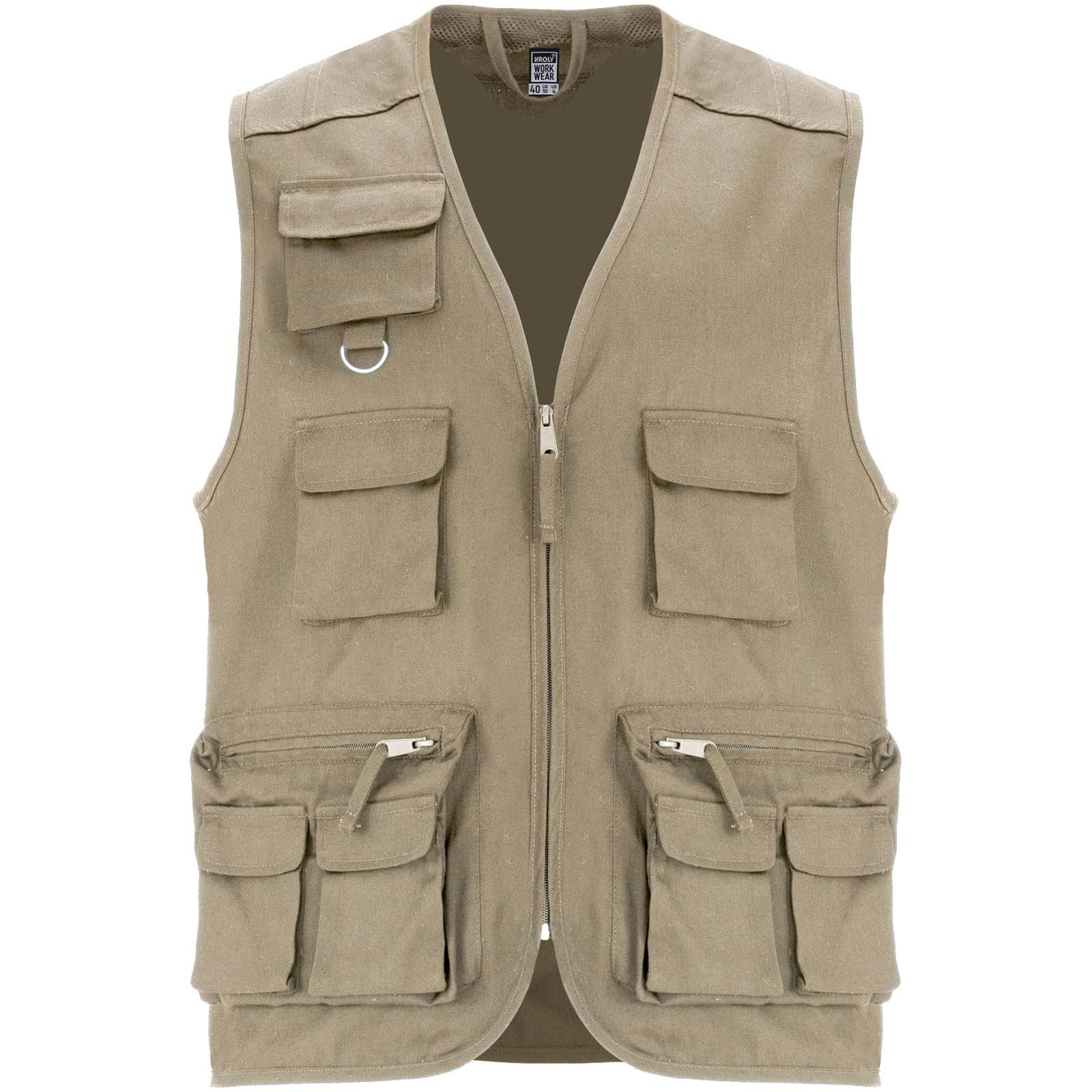 Venera 200 g/m2 V-ringad arbetsväst med flera fickor  - Mörk sand med tryck