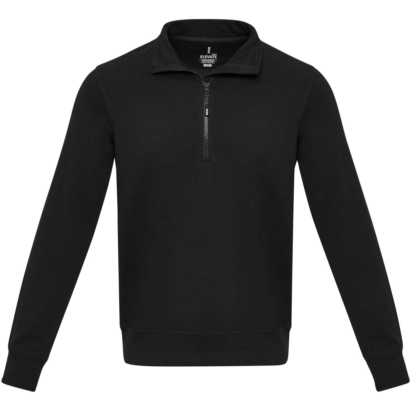 Tin unisex Aware™ genser med kvart glidelås av resirkulert materiale med trykk - Svart, forside