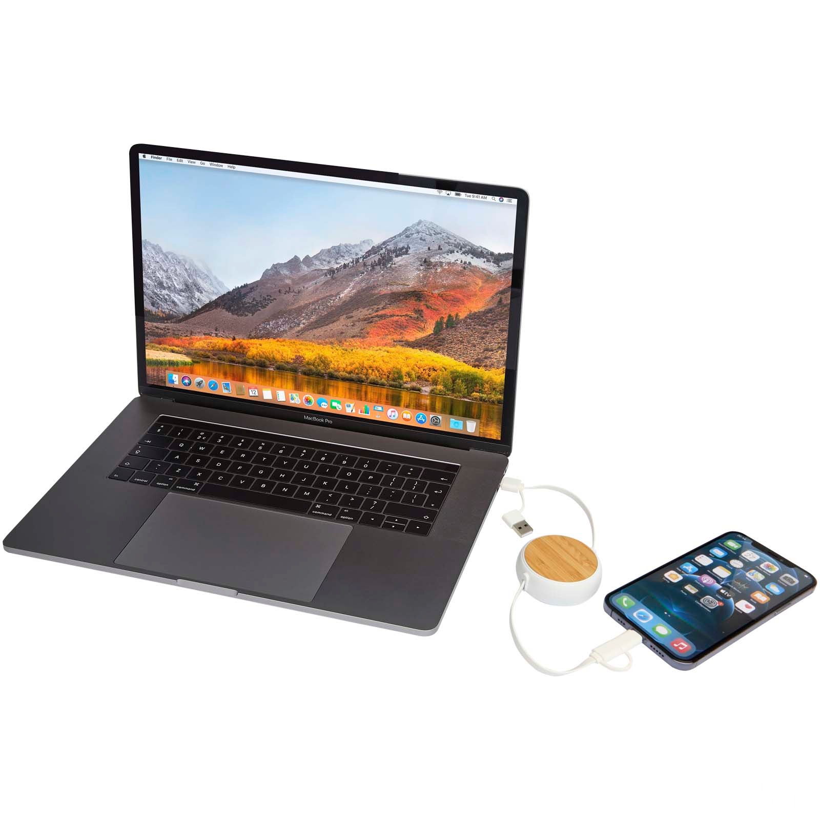 Chechia 5-i-1 100 cm utdragbar datasynkroniserings- och 45 W snabbladdningskabel av återvunnen plast med bambudetaljer