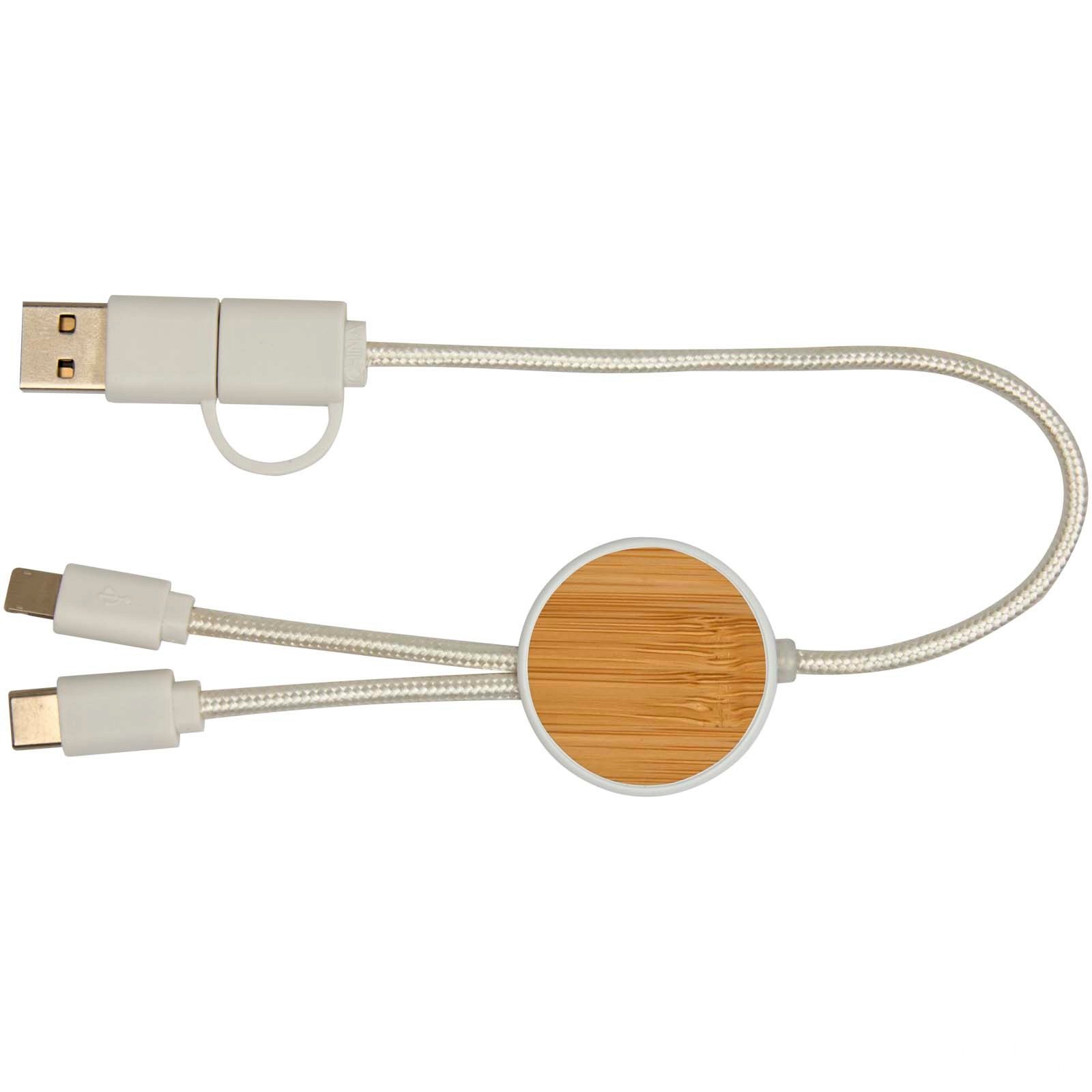Chechia 5-in-1 recycled plastic 30 cm data sync and 27W fast charge cable with bamboo details