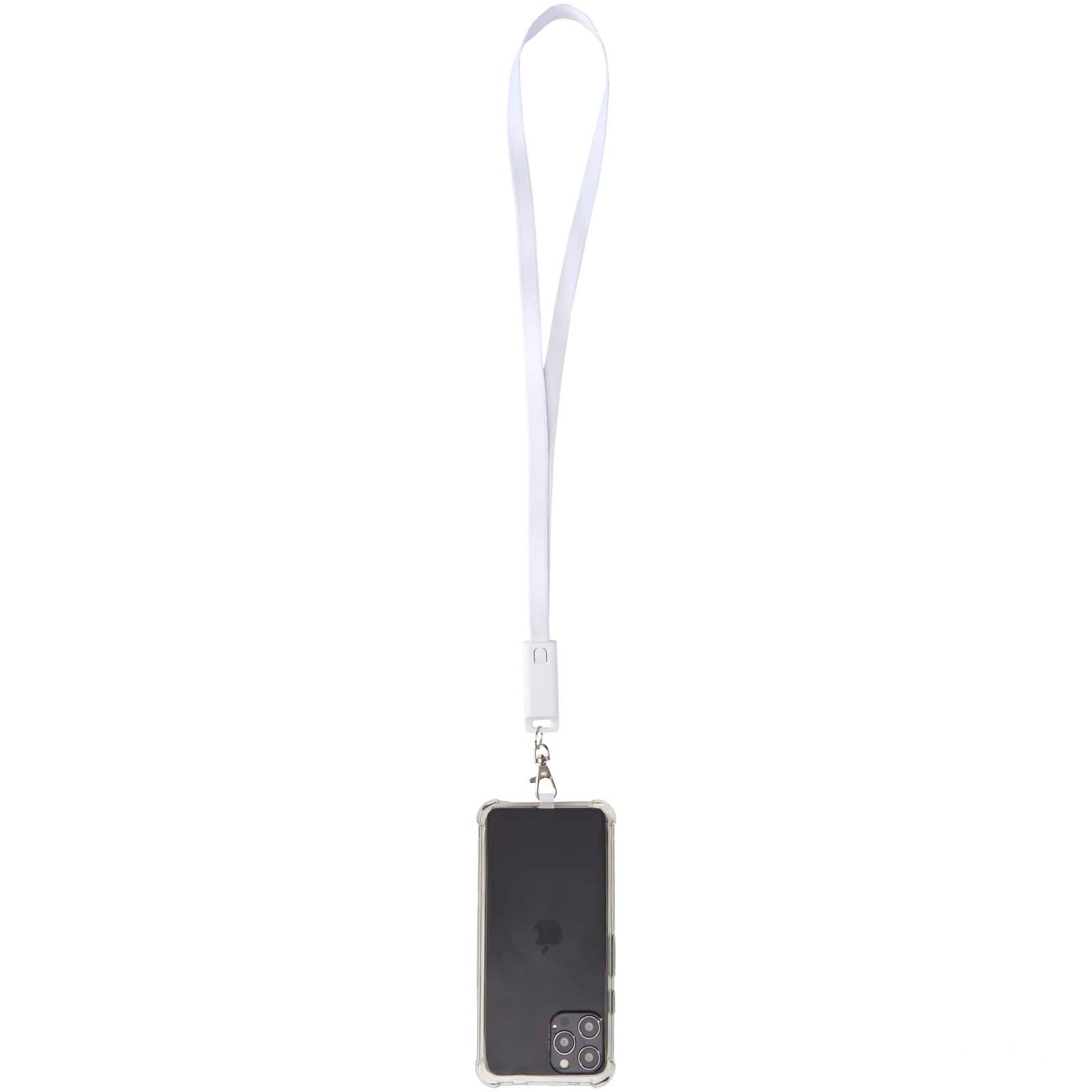 Franz recycled plastic smartphone lanyard with built-in data sync and 65W fast charge 5-in-1 cable - White with custom print