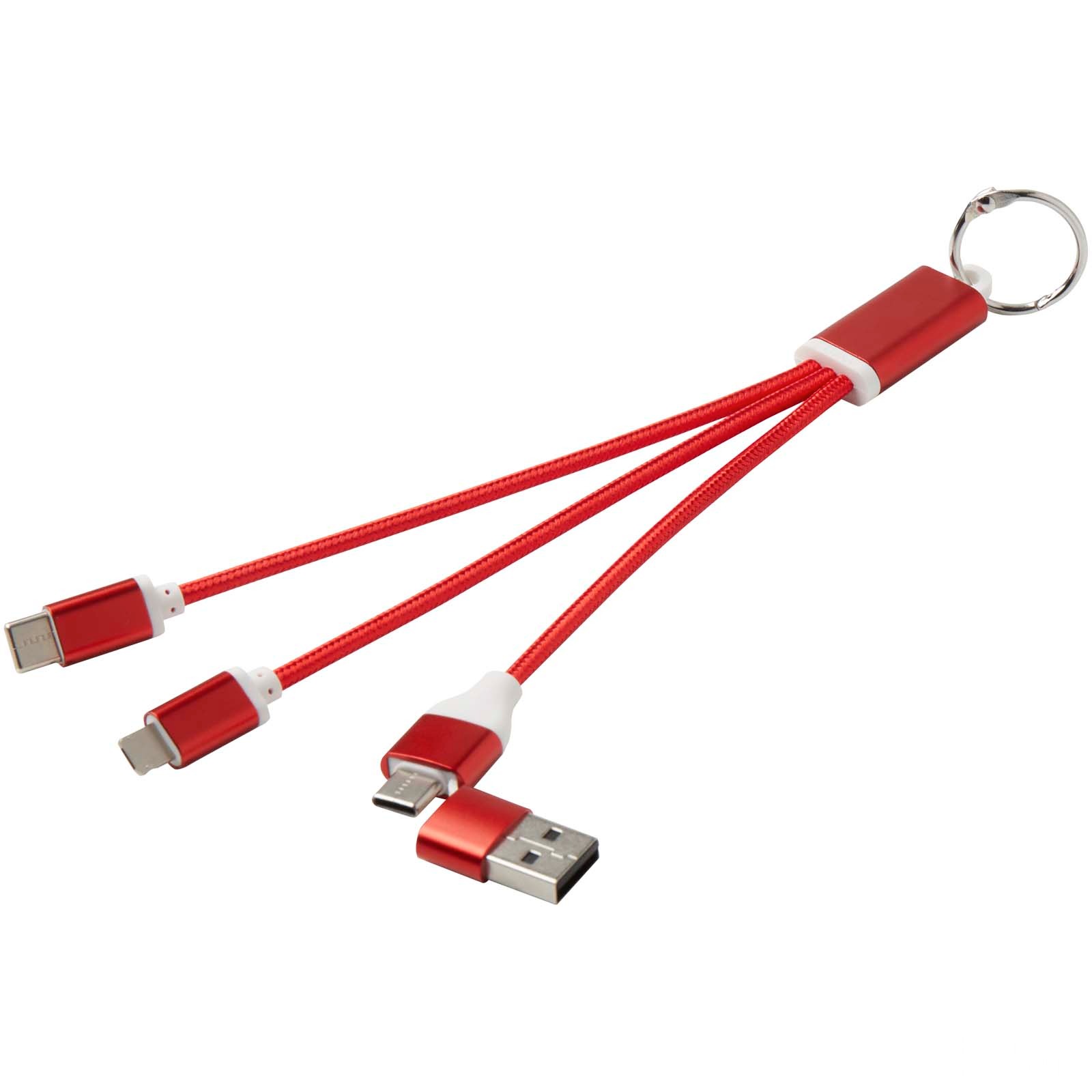 Metal 4-in-1 recycled aluminium charging cable with keychain - Röd with custom print