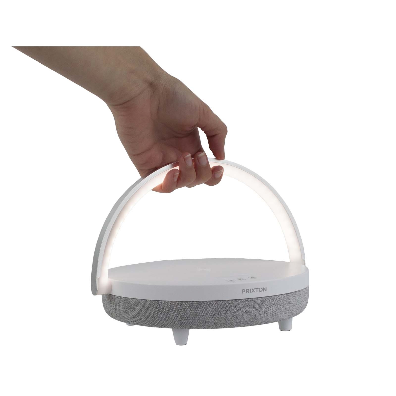 Prixton 4-i-1 Bluetooth®-høyttaler på 10 W med LED-lampe og trådløs ladebase med logo
