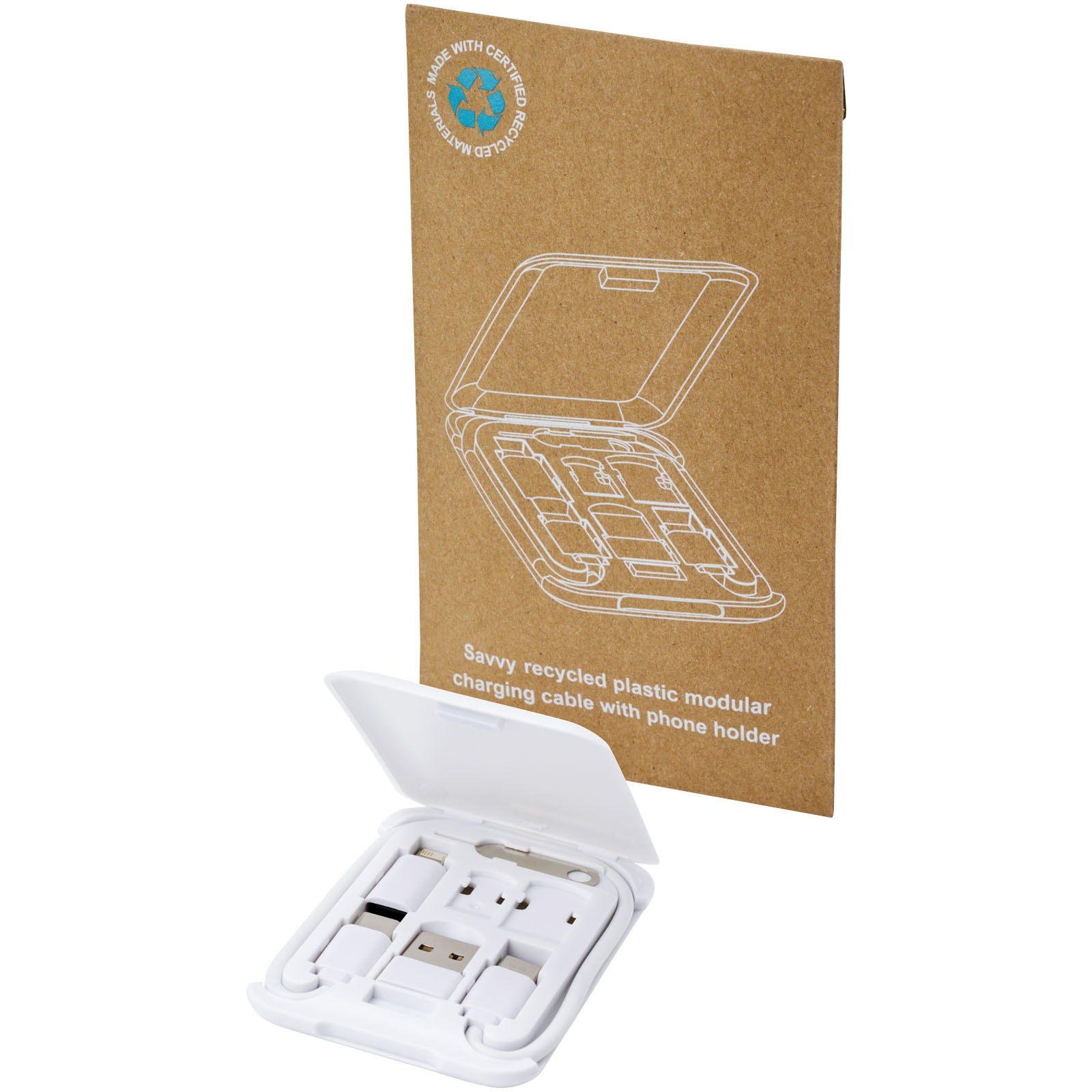 Savvy modulær ladekabel med telefonholder av resirkulert plast med trykk