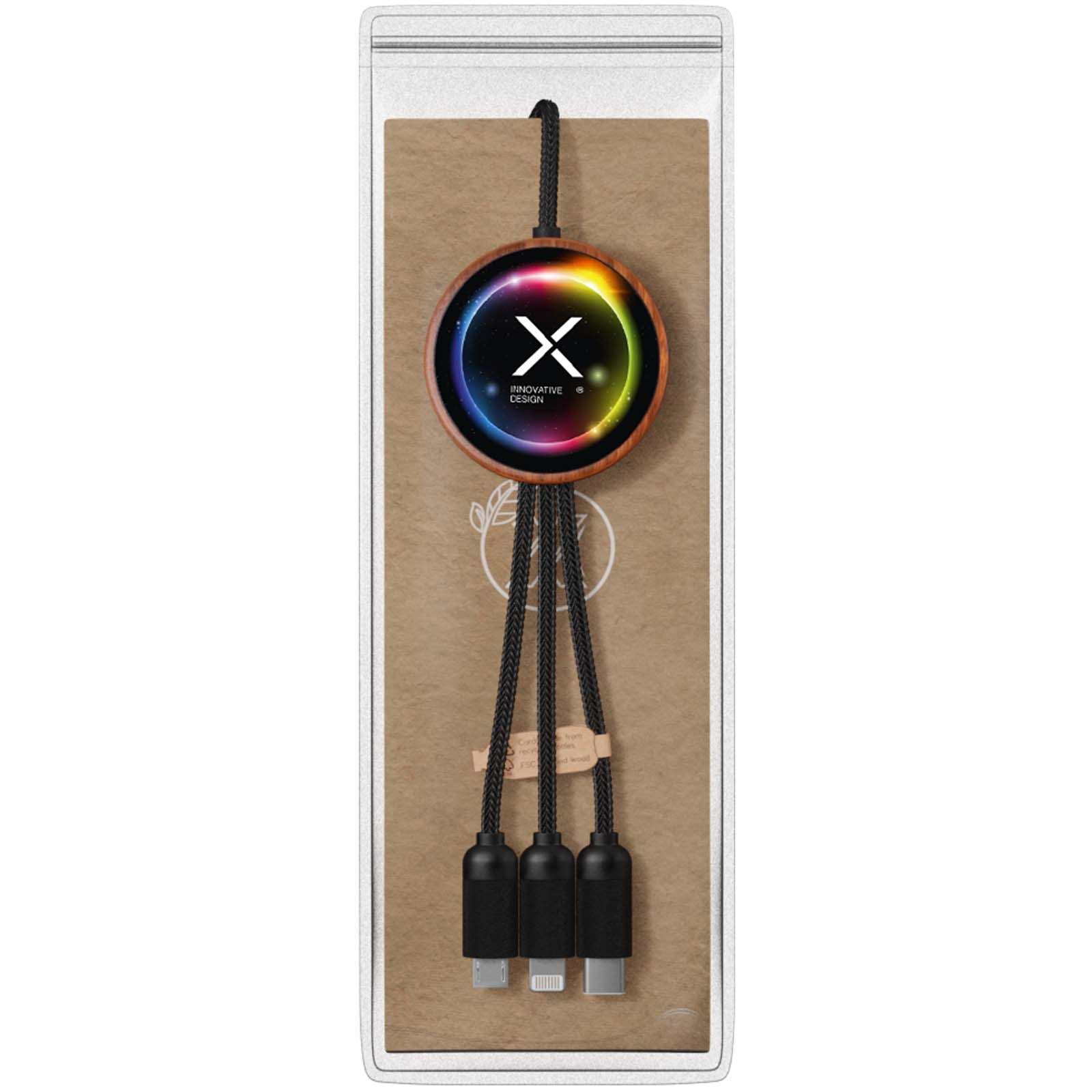 SCX.design C40 5-i-1 rPET-laddningskabel med upplyst logotyp och 10 W laddningsplatta