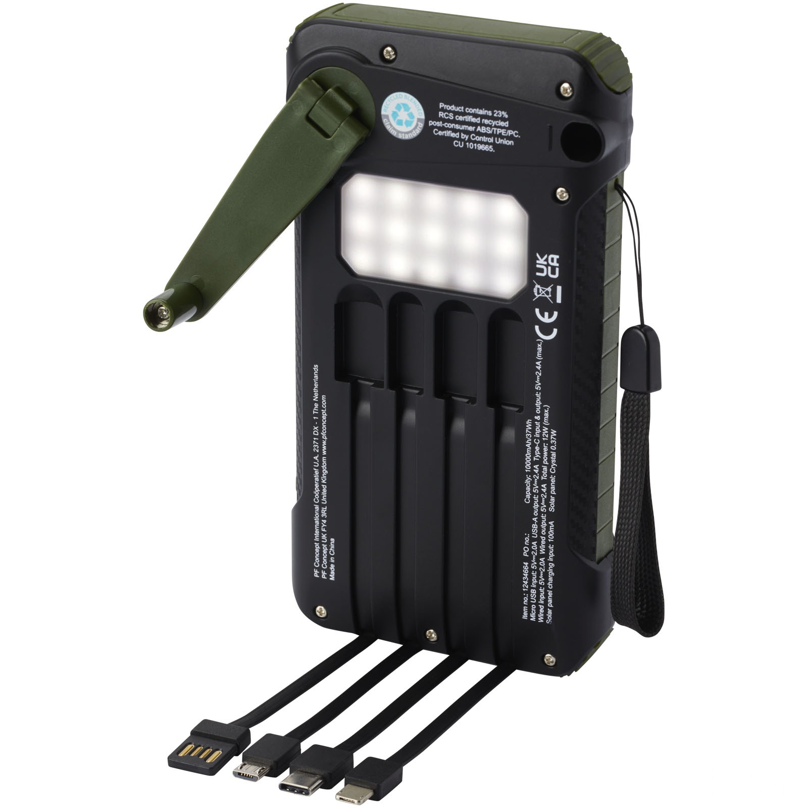 Soldy 10 000 mAh powerbank med soldynamo av RCS-resirkulert plast med trykk